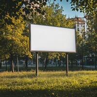 Blank advertising billboard surrounded by trees in a city park during daytime photo