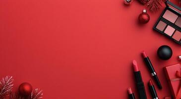 Festive makeup display with beauty products on red background for holiday celebrations photo
