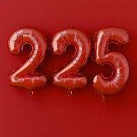 Colorful red balloons displaying the number two hundred twenty five for celebration photo