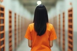 Woman in orange uniform standing in a prison corridor during daylight hours photo
