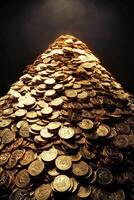 Shimmering gold coins create a dazzling pyramid under radiant light photo