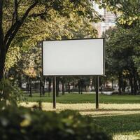 Blank advertising billboard surrounded by trees in a city park during daytime photo