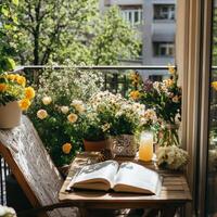 Cozy balcony corner with a book, flowers, and refreshing drink during a sunny afternoon photo