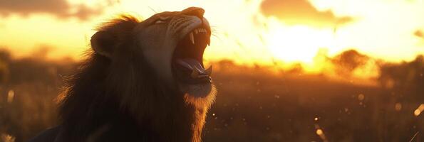Majestic lion roars at sunset in the African savannah photo