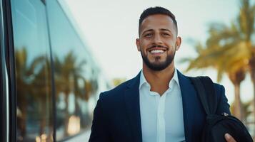 Professional man smiling while stepping off bus in city with palm trees in background photo