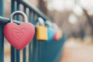Heart shaped padlock hangs on a fence in a park symbolizing love and unity in springtime light photo