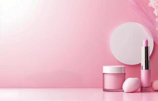 Soft pastel colors with circular coasters and delicate flowers on a pink background photo