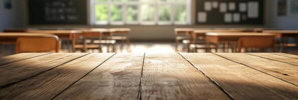 Classroom interior with wooden desks and sunlight streaming through windows in the morning photo