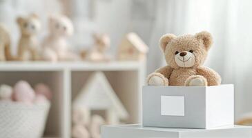 Soft bear in a white box against a playful and tidy childrens room backdrop photo
