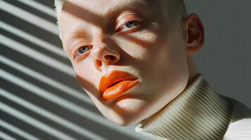 Model with vibrant orange lipstick and striking features in artistic light play photo