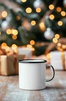Cozy winter morning with hot drink and holiday decorations in the background photo