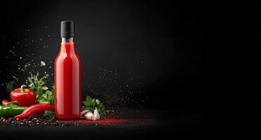 Colorful assortment of fresh ingredients and hot sauce on a dark surface in a kitchen setting photo