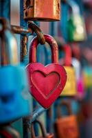 Colorful heart shaped padlock hanging on a fence during sunset in a park photo