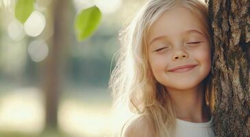 Young girl embraces tree trunk with joy and peaceful expression during sunny outdoor moment photo