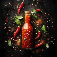Spicy sauce bottle surrounded by fresh herbs and chili peppers on a dark background photo