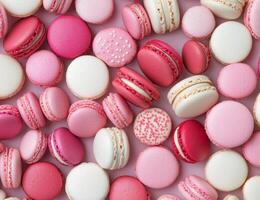 Colorful assortment of pink macarons displayed on a pastel background photo