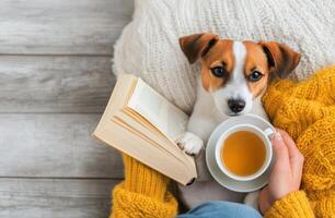 Cozy dog resting in warm blanket with cup of tea and open notebook on wooden table photo