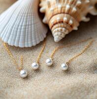 Elegant pearl necklaces displayed on sandy beach with seashells in the background photo