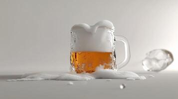 Refreshing beer overflowing from a glass mug with frothy bubbles on a neutral background photo