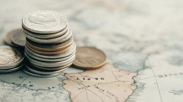 Currency coins stacked on a world map highlighting economic significance photo