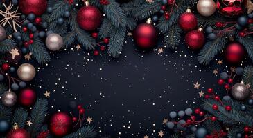 Festive holiday decorations with pine branches and ornaments in a winter setting photo