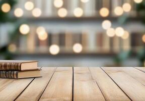 Books on a wooden table with blurred lights in the background creating a cozy atmosphere photo
