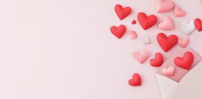 Colorful hearts spilling out of a pink envelope on a soft pastel background photo