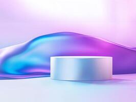 3d render of a white round table on a white background with a purple and blue liquid photo