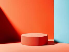 A red and blue wall with a round object in the middle photo