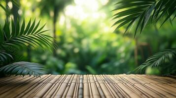 An empty wooden table in the middle of a jungle photo