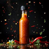 Spicy sauce bottle surrounded by fresh herbs and chili peppers on a dark background photo