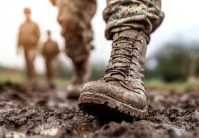Soldiers in the rain preparing for training in a muddy environment with focus on combat boots photo