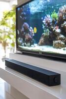 Modern living room with soundbar and aquarium view on television screen photo