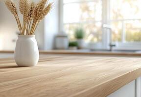 Fresh wheat arrangement in a cozy kitchen with natural light and wooden counters photo