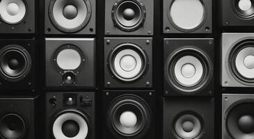 Array of black speakers showcasing different sizes and designs in a modern setting photo