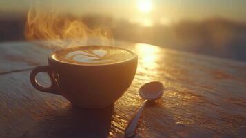Warm cup of coffee resting on a wooden table at sunrise by the beach photo