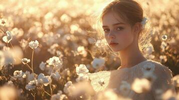 Young person surrounded by white flowers in a sunlit field during springtime photo