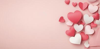 Colorful hearts spilling out of a pink envelope on a soft pastel background photo