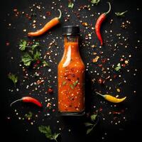 Spicy sauce bottle surrounded by fresh herbs and chili peppers on a dark background photo