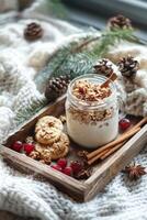 Delicious breakfast tray with granola, berries, and milk in a cozy setting photo