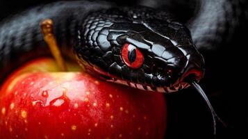 Black snake resting on a red apple in a dark environment during nighttime photo