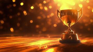Sparkling trophy on wooden table illuminated by soft lights during award ceremony photo