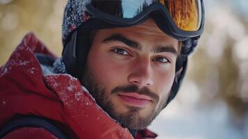 Ski enthusiast poses in snowy terrain wearing a vibrant jacket and protective gear during winter photo