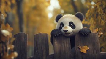 Panda resting on a wooden fence in a vibrant autumn forest with golden leaves photo