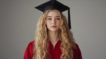 Graduation portrait of a young woman in a red gown and cap against a neutral background photo