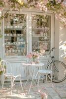 Charming outdoor cafe with blooming cherry blossoms and vintage bicycle by the window photo