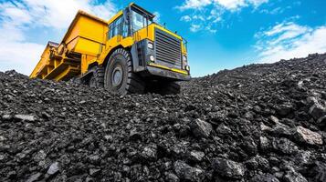 Heavy machinery transports coal at a mining site under a clear blue sky photo