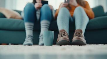 Couple enjoying time together while texting in a cozy living room during the afternoon photo