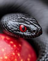 Snake coiling around a red ball in a close up view with vibrant colors and textures photo