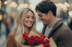 Romantic couple sharing a joyful moment with roses on a city street in autumn photo